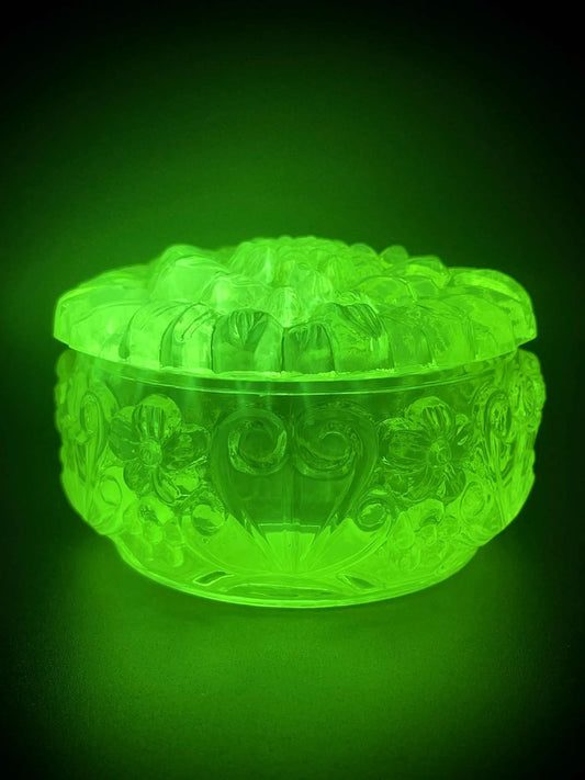 Sunflower Jewelry Box (Summer) From Uranium Glass | Yellow Vaseline Trinket Container | Decorative Helianthus Bloom | Glows Vividly Green Under UV Light