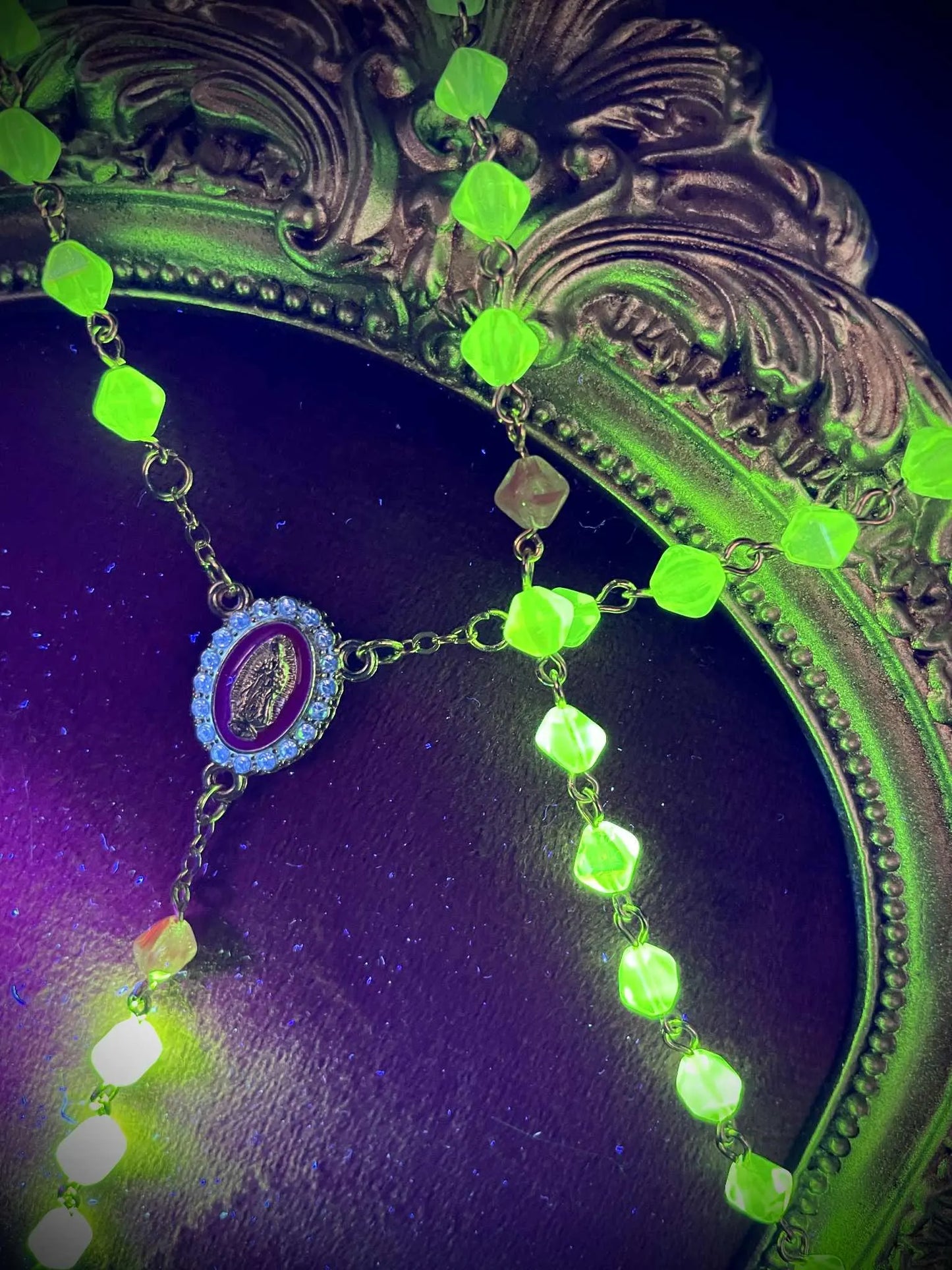 Salmon-Colored Uranium Glass Rosary Necklace | Octahedron Green Vaseline Beads with Gold Crucifix | Glows Brightly Under UV Light | 59-Piece Religious Jewelry