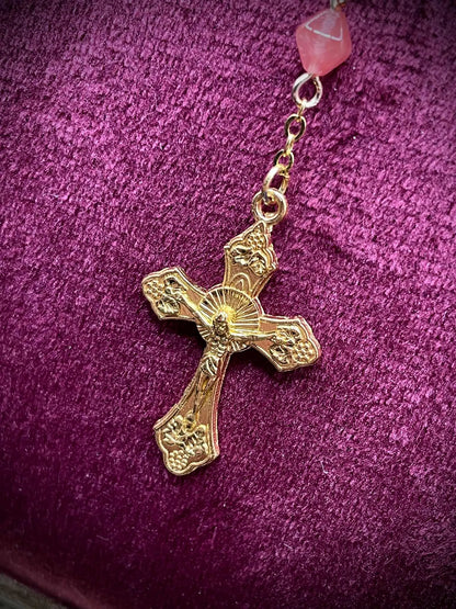 Salmon-Colored Uranium Glass Rosary Necklace | Octahedron Green Vaseline Beads with Gold Crucifix | Glows Brightly Under UV Light | 59-Piece Religious Jewelry