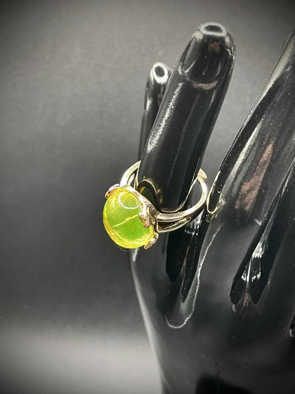 Adjustable Uranium Glass Ring with Gold-Tone Oval Gemstone | Yellow Vaseline Jewelry That Glows Green Under UV Light | Magical Luminous Glass Design