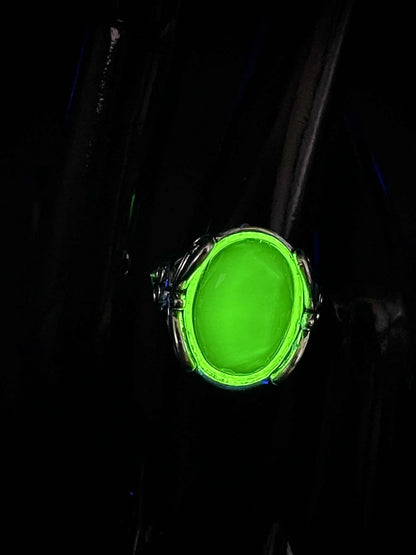 Adjustable Uranium Glass Ring with Floral Design | Yellow Vaseline Oval Glowing Jewelry in Silver Setting | Emits Green Light Under UV Exposure