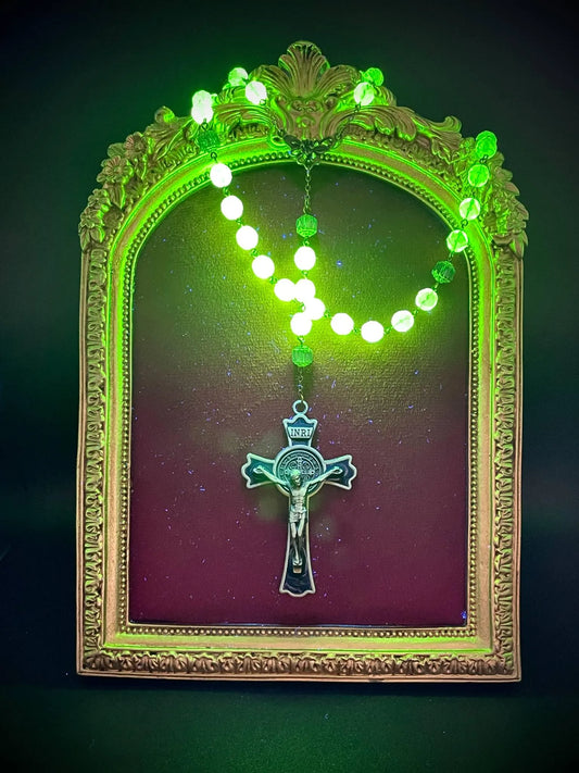Uranium Glass Jesus Rosary with Green Fire-Polished Beads | Vaseline Bronze Necklace & Green-Black Crucifix | Radiant Glow Under UV Light