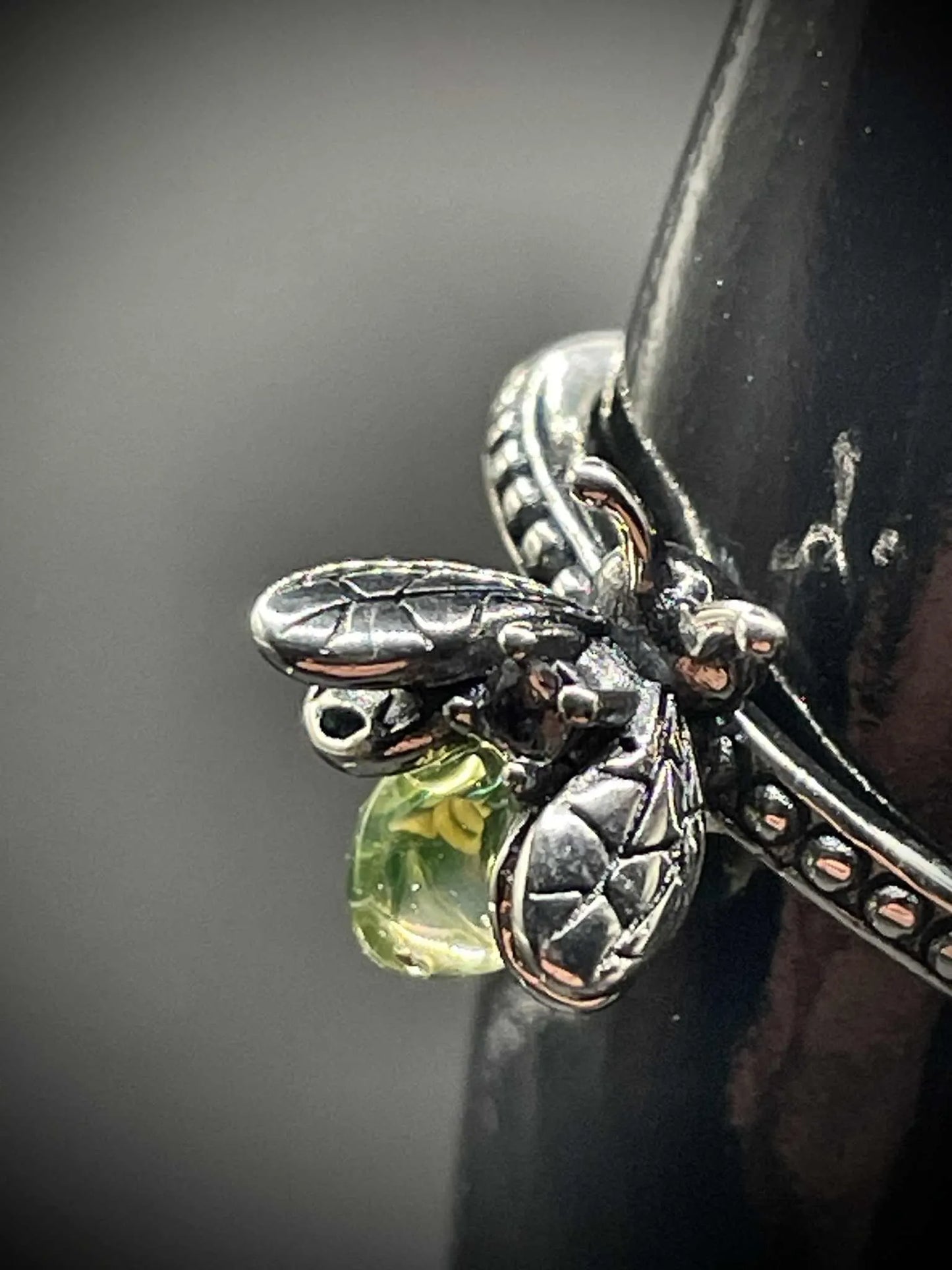 Uranium Glass Firefly Ring (Sizes 7 & 8) | Yellow Vaseline Glass Insect Jewelry | Glows Brightly Under UV Light | Silver Luminous Miniature Bug