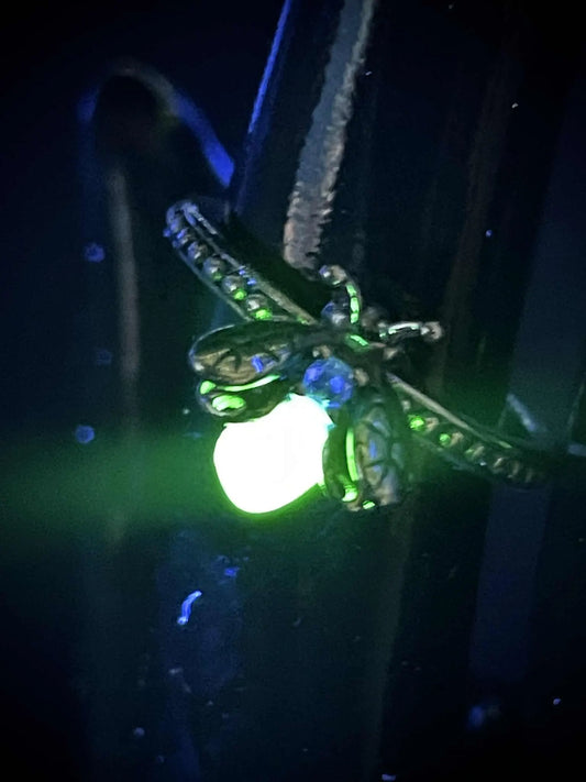 Uranium Glass Firefly Ring (Sizes 7 & 8) | Yellow Vaseline Glass Insect Jewelry | Glows Brightly Under UV Light | Silver Luminous Miniature Bug