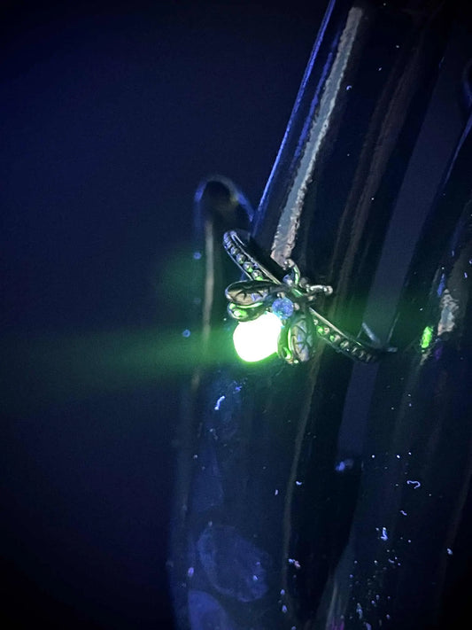 Uranium Glass Firefly Ring (Sizes 7 & 8) | Yellow Vaseline Glass Insect Jewelry | Glows Brightly Under UV Light | Silver Luminous Miniature Bug