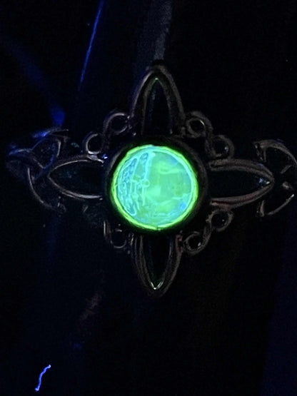 Faceted Uranium Glass Ring (Size 7) with Moon & Star Motif | Glowing Yellow Vaseline Stone Under UV Light | Handmade Silver Statement Jewelry