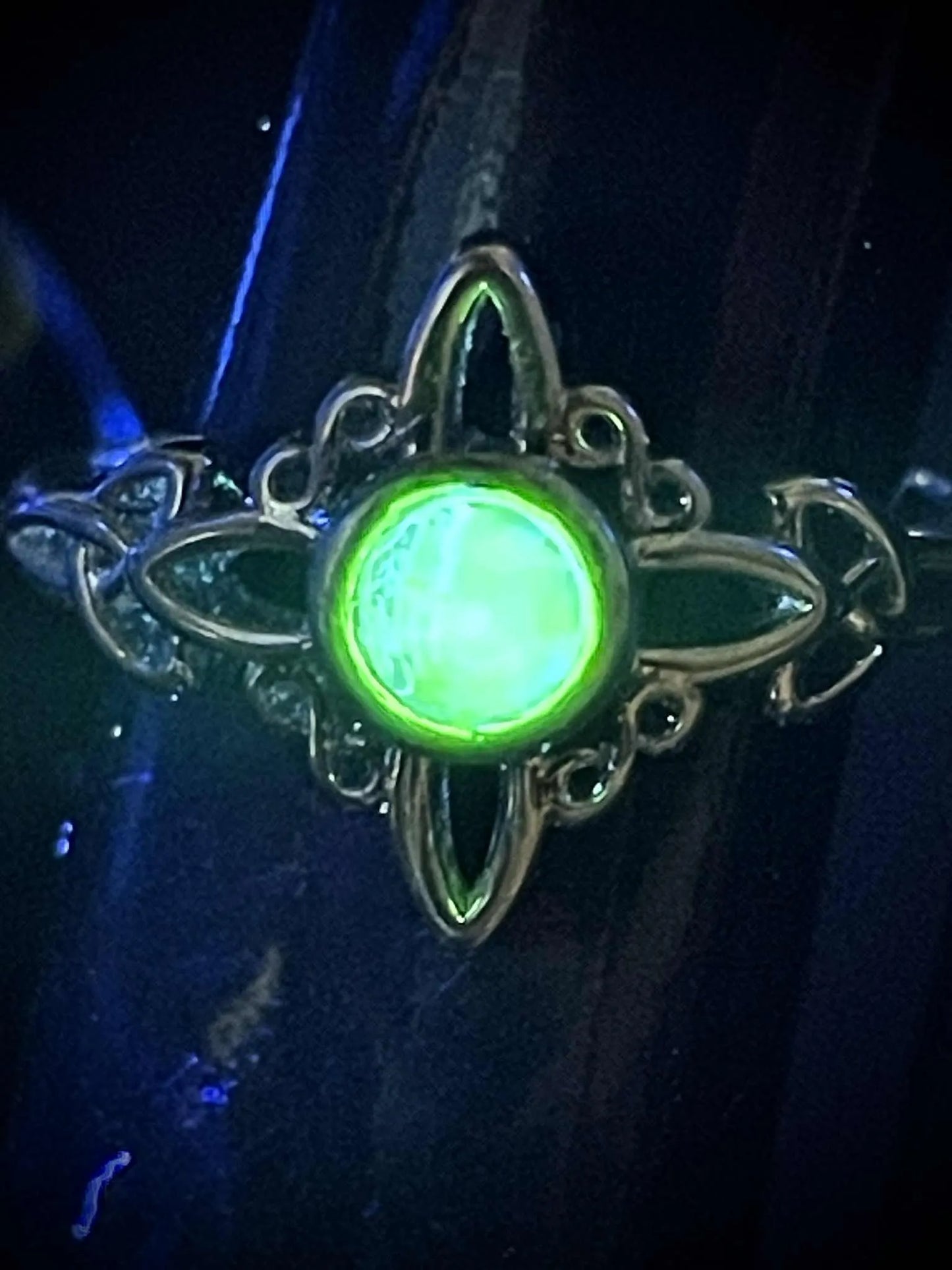 Faceted Uranium Glass Ring (Size 7) with Moon & Star Motif | Glowing Yellow Vaseline Stone Under UV Light | Handmade Silver Statement Jewelry