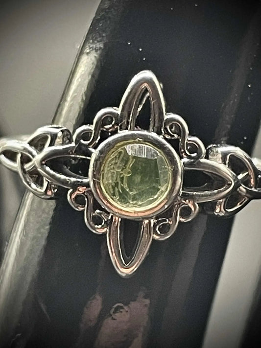 Faceted Uranium Glass Ring (Size 7) with Moon & Star Motif | Glowing Yellow Vaseline Stone Under UV Light | Handmade Silver Statement Jewelry
