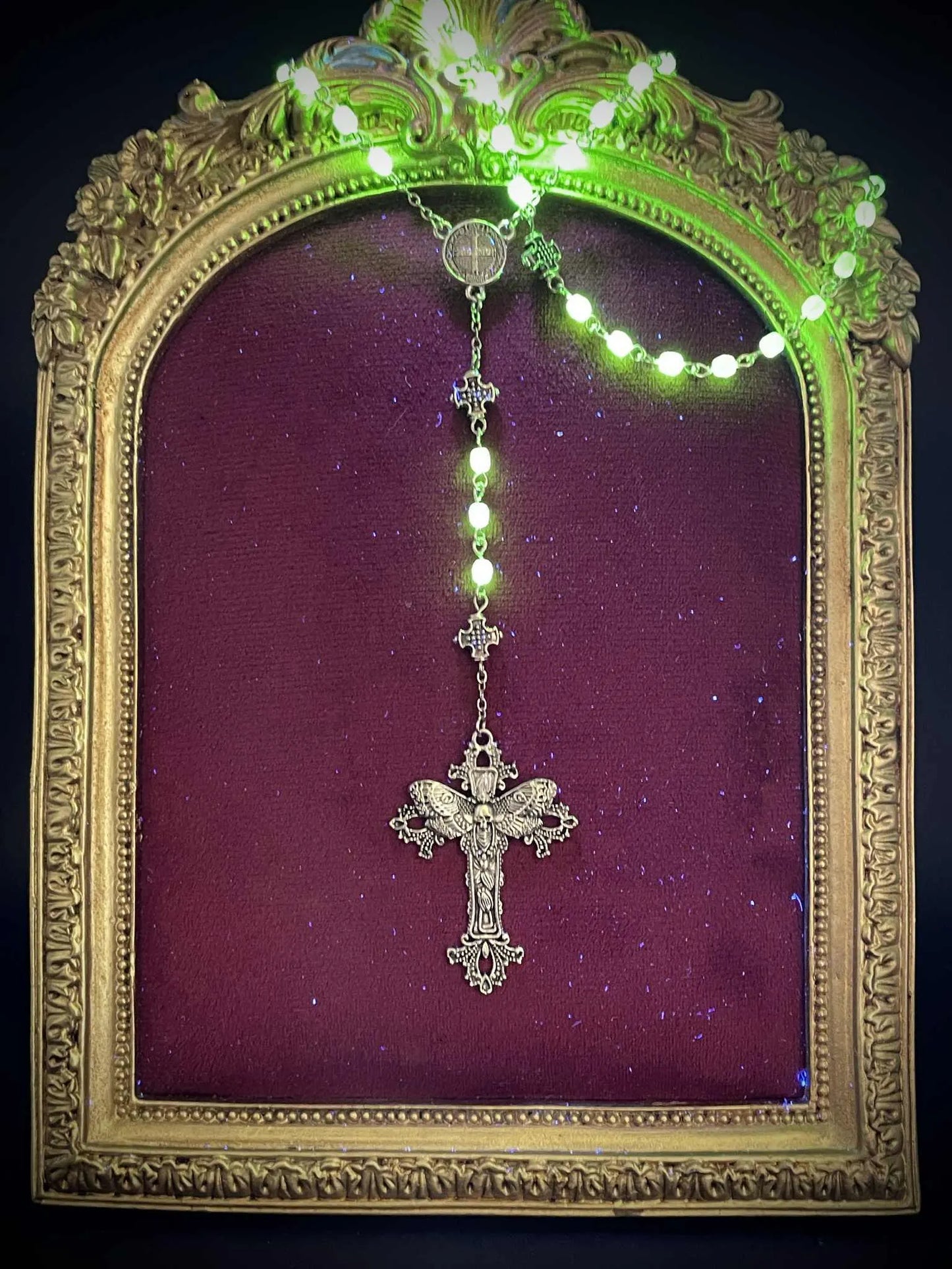 Uranium Glass (Moth) Rosary Necklace | Death's-head Hawk-moth Crafted from Yellow Vaseline Glass | Glows Brightly Under UV Light | 59 Beads with Crucifix