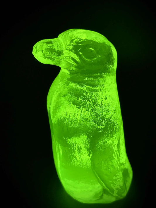 Uranium Glass Penguin Figurine | Vaseline Antarctic Animal Statue | Glowing Green UV Reactive Collectible | Spheniscidae Aquatic Flightless Bird Art