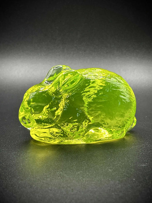 Cute Uranium Glass Rabbit Figurine | Yellow Vaseline Glass Bunny Pet | Glows Green Under UV Light | Leporidae Wild Mammal Statue