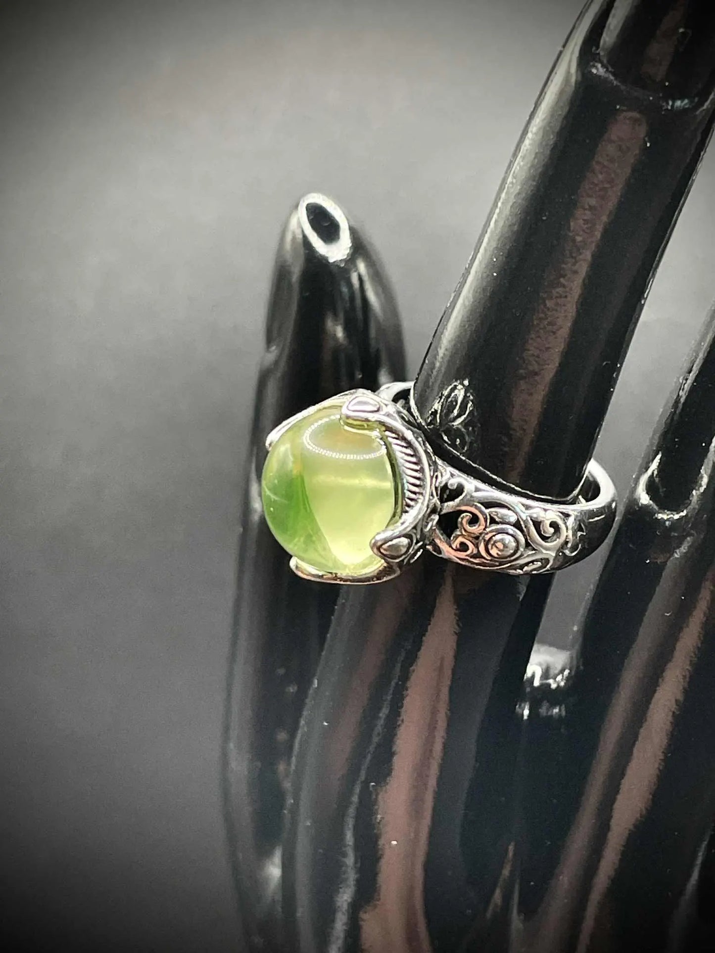 Adjustable Uranium Glass Pearl Ring | Rounded Yellow Vaseline Ball Glows Green Under UV Light | Handmade Silver Luminous Jewelry Piece
