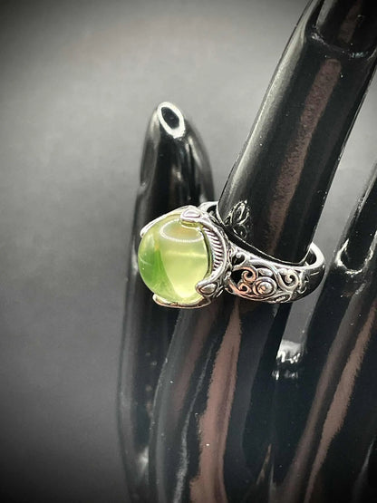 Adjustable Uranium Glass Pearl Ring | Rounded Yellow Vaseline Ball Glows Green Under UV Light | Handmade Silver Luminous Jewelry Piece