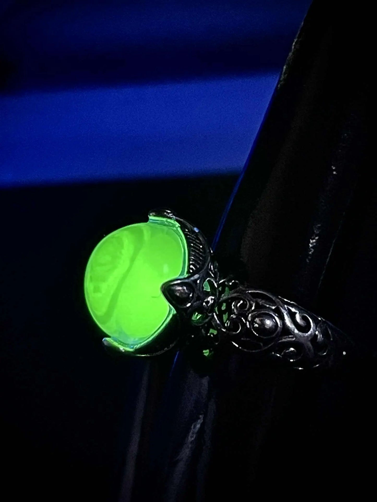 Adjustable Uranium Glass Pearl Ring | Rounded Yellow Vaseline Ball Glows Green Under UV Light | Handmade Silver Luminous Jewelry Piece