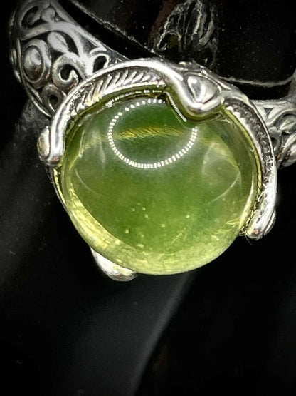 Adjustable Uranium Glass Pearl Ring | Rounded Yellow Vaseline Ball Glows Green Under UV Light | Handmade Silver Luminous Jewelry Piece