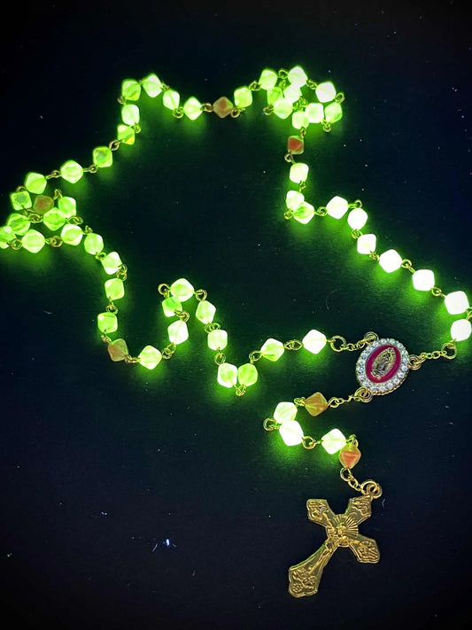 Salmon-Colored Uranium Glass Rosary Necklace | Octahedron Green Vaseline Beads with Gold Crucifix | Glows Brightly Under UV Light | 59-Piece Religious Jewelry