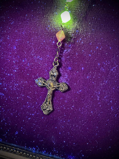 Salmon-Colored Uranium Glass Rosary Necklace | Octahedron Green Vaseline Beads with Gold Crucifix | Glows Brightly Under UV Light | 59-Piece Religious Jewelry
