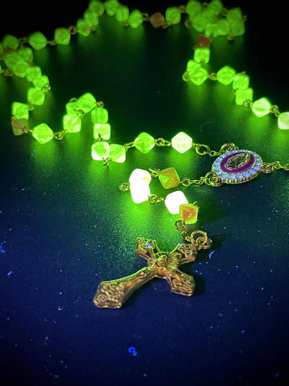 Salmon-Colored Uranium Glass Rosary Necklace | Octahedron Green Vaseline Beads with Gold Crucifix | Glows Brightly Under UV Light | 59-Piece Religious Jewelry