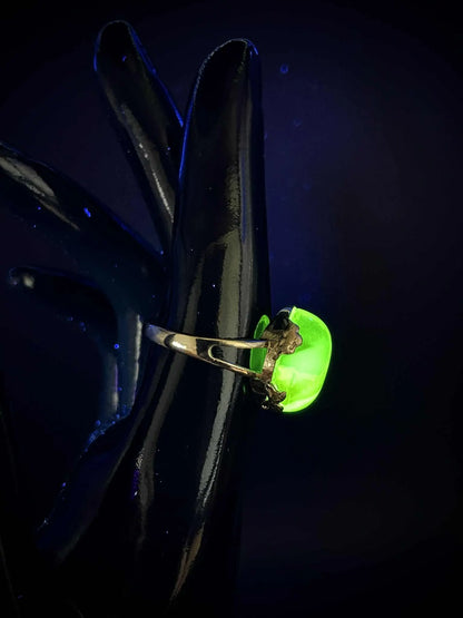 Adjustable Uranium Glass Ring with Gold-Tone Oval Gemstone | Yellow Vaseline Jewelry That Glows Green Under UV Light | Magical Luminous Glass Design