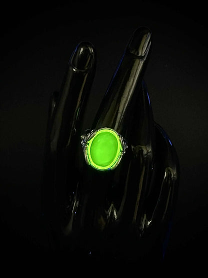 Adjustable Uranium Glass Ring with Floral Design | Yellow Vaseline Oval Glowing Jewelry in Silver Setting | Emits Green Light Under UV Exposure