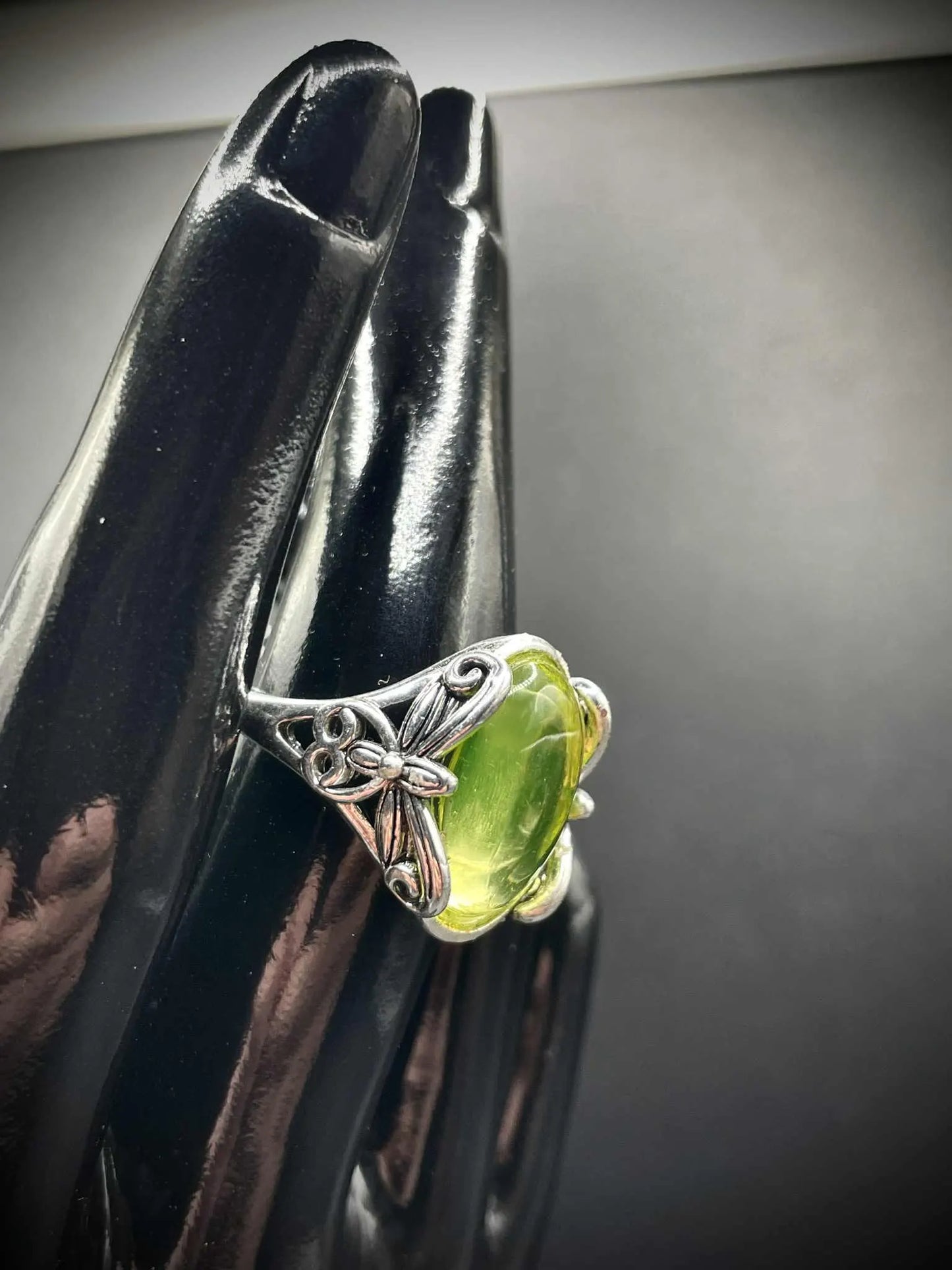 Adjustable Uranium Glass Ring with Floral Design | Yellow Vaseline Oval Glowing Jewelry in Silver Setting | Emits Green Light Under UV Exposure