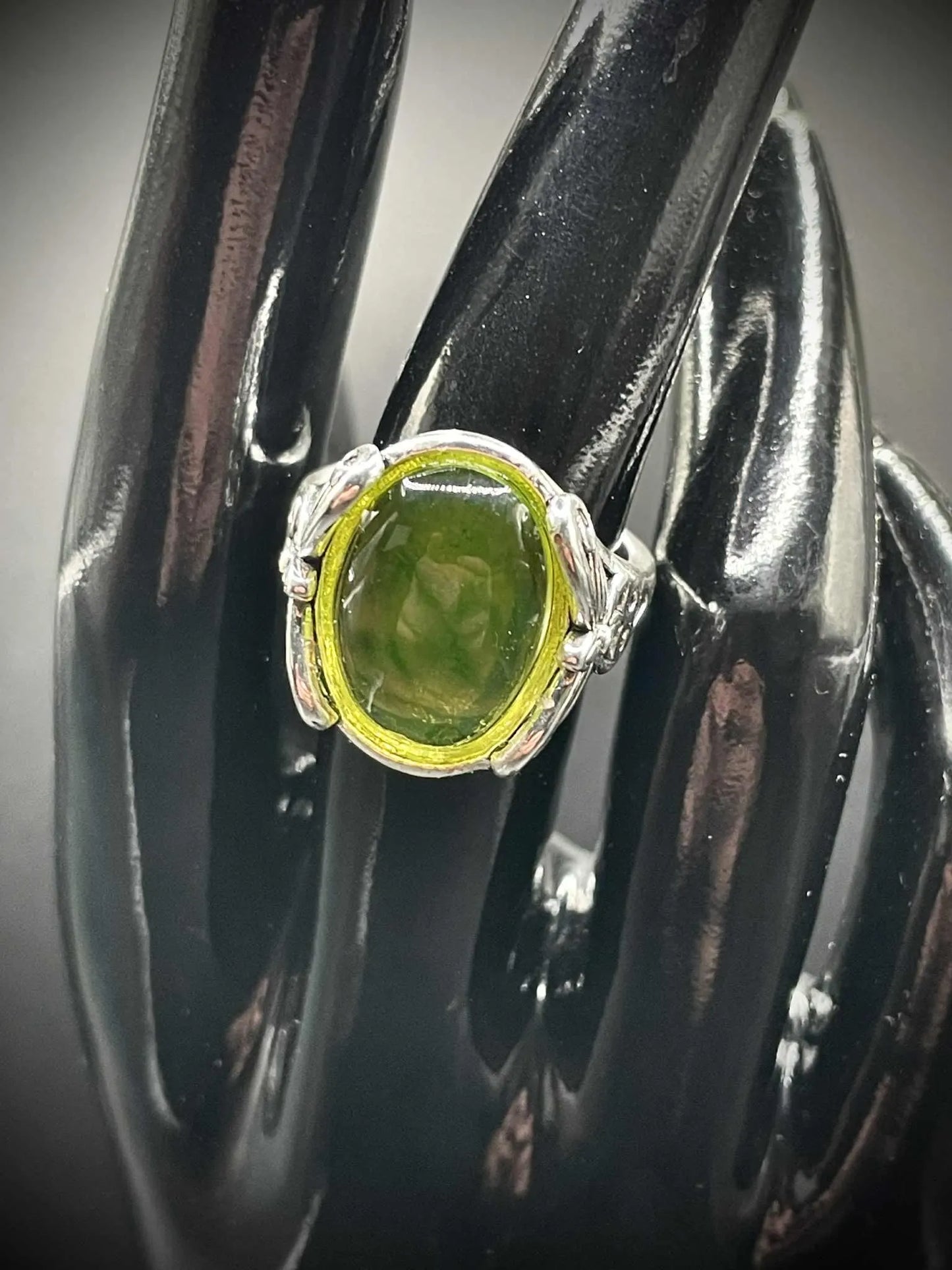 Adjustable Uranium Glass Ring with Floral Design | Yellow Vaseline Oval Glowing Jewelry in Silver Setting | Emits Green Light Under UV Exposure