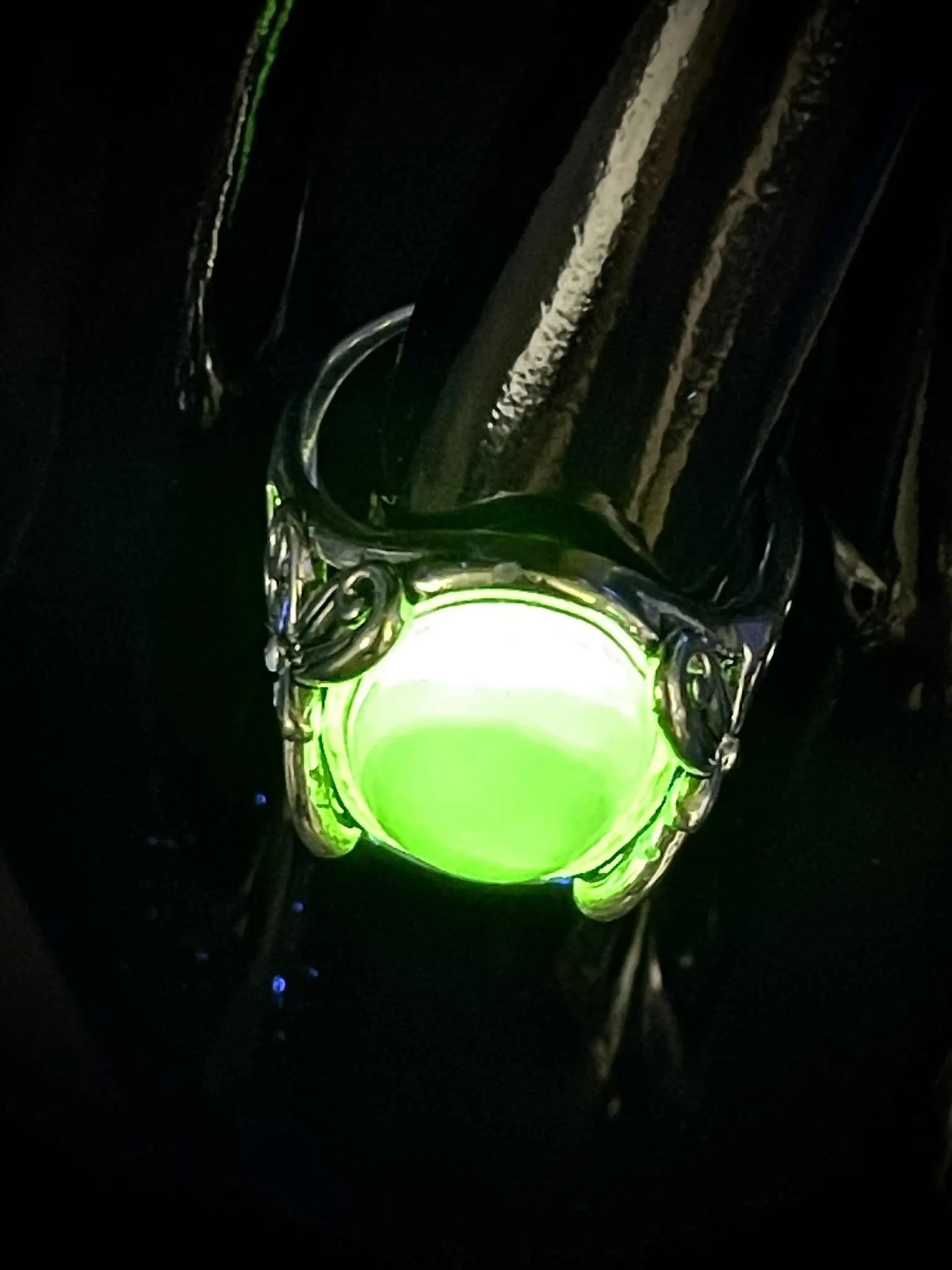 Adjustable Uranium Glass Ring with Floral Design | Yellow Vaseline Oval Glowing Jewelry in Silver Setting | Emits Green Light Under UV Exposure