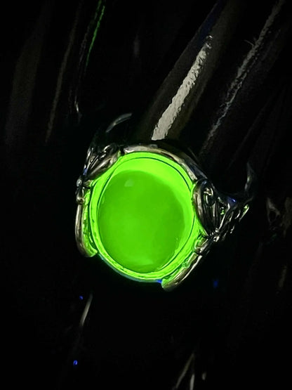 Adjustable Uranium Glass Ring with Floral Design | Yellow Vaseline Oval Glowing Jewelry in Silver Setting | Emits Green Light Under UV Exposure