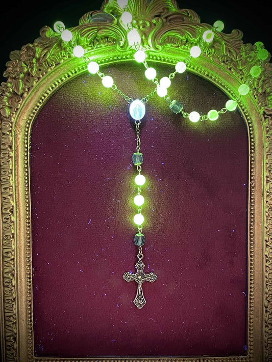 Silver-Blue Uranium Glass Rosary Necklace | Yellow Vaseline Catholic Jewelry | Glows Brightly Under UV Light | Features Saint Mary Centerpiece
