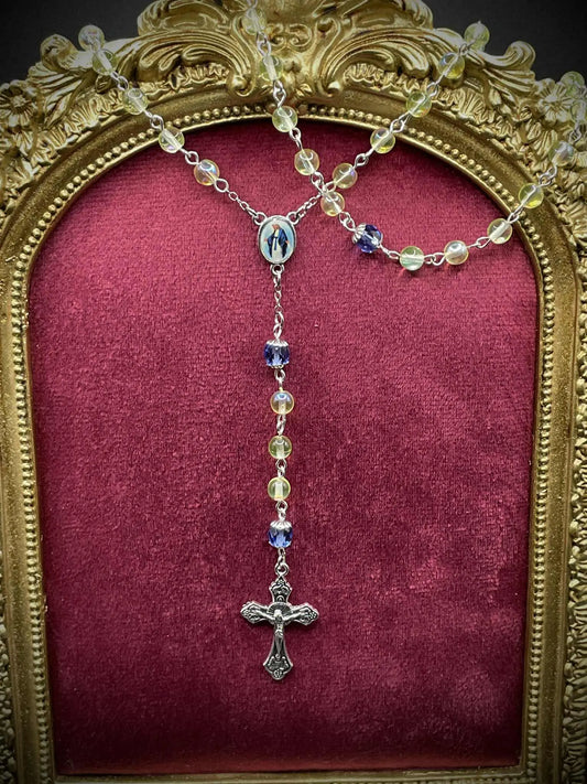 Silver-Blue Uranium Glass Rosary Necklace | Yellow Vaseline Catholic Jewelry | Glows Brightly Under UV Light | Features Saint Mary Centerpiece
