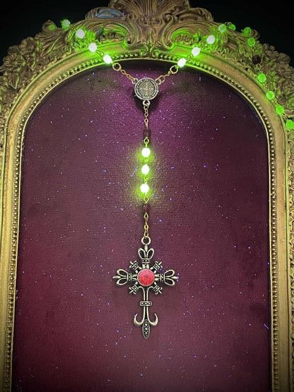Crimson-Red Uranium Glass Gothic Rosary | Dark Witch-Inspired Yellow Vaseline Necklace | Glowing Under UV Light | 6mm Fire-Polished Beads