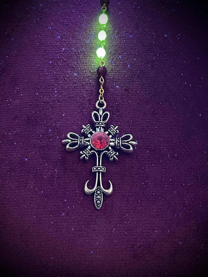 Crimson-Red Uranium Glass Gothic Rosary | Dark Witch-Inspired Yellow Vaseline Necklace | Glowing Under UV Light | 6mm Fire-Polished Beads