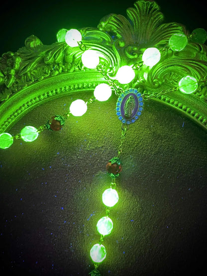 Golden Red Uranium Glass Beaded Rosary | Vibrant Yellow Vaseline Crucifix Necklace | UV Reactive Glow | Diamond Holy Mother Centerpiece