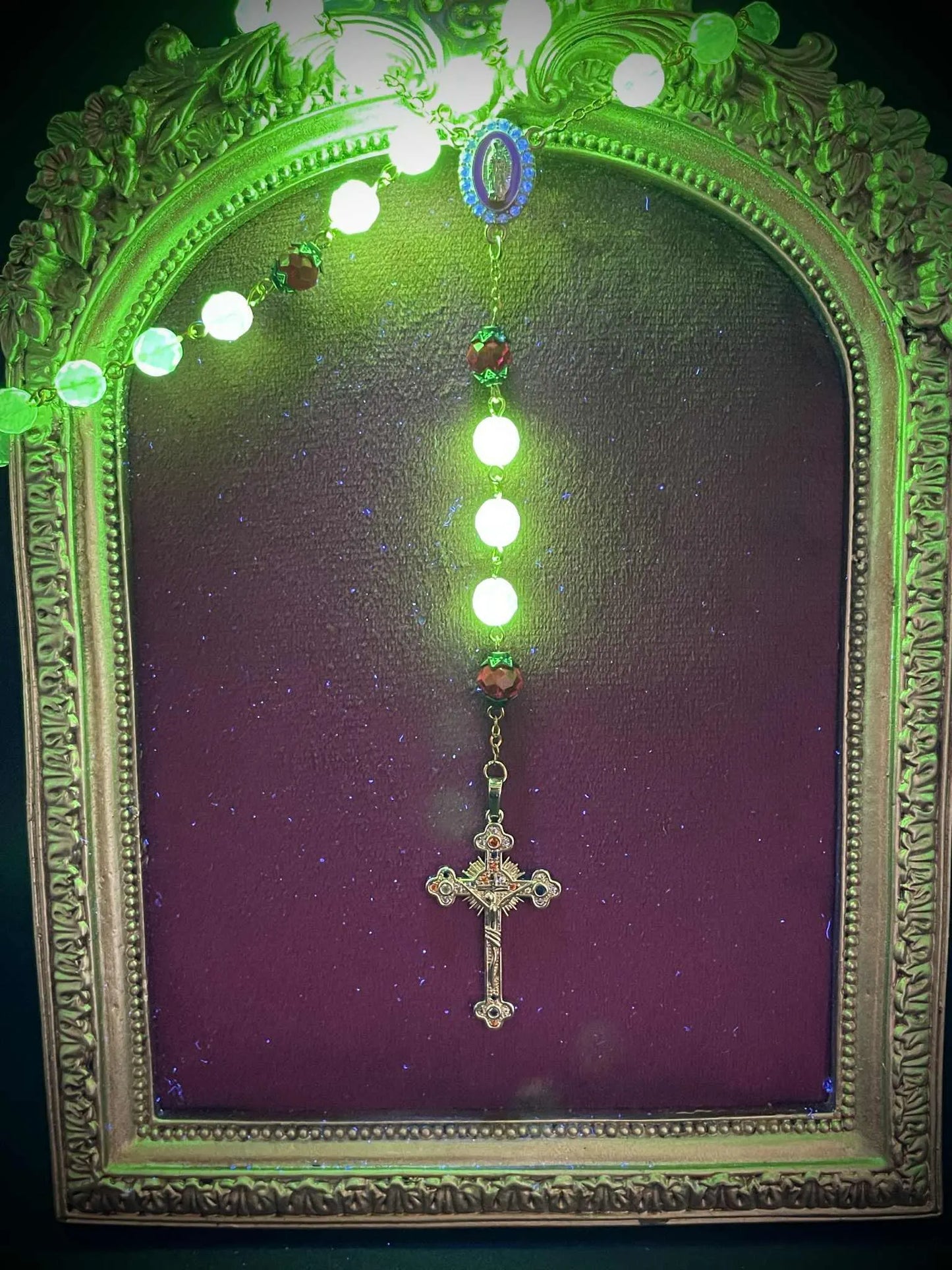 Golden Red Uranium Glass Beaded Rosary | Vibrant Yellow Vaseline Crucifix Necklace | UV Reactive Glow | Diamond Holy Mother Centerpiece