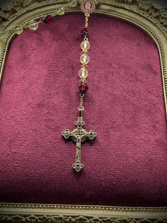 Golden Red Uranium Glass Beaded Rosary | Vibrant Yellow Vaseline Crucifix Necklace | UV Reactive Glow | Diamond Holy Mother Centerpiece