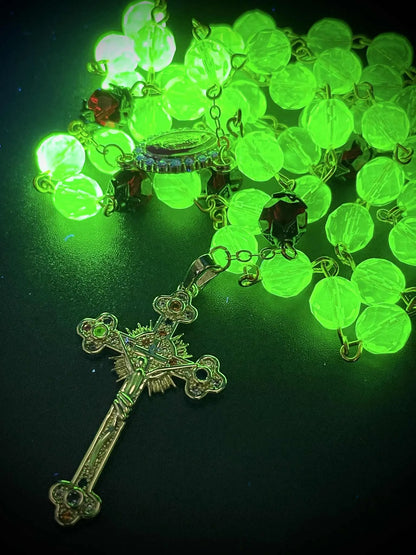 Golden Red Uranium Glass Beaded Rosary | Vibrant Yellow Vaseline Crucifix Necklace | UV Reactive Glow | Diamond Holy Mother Centerpiece