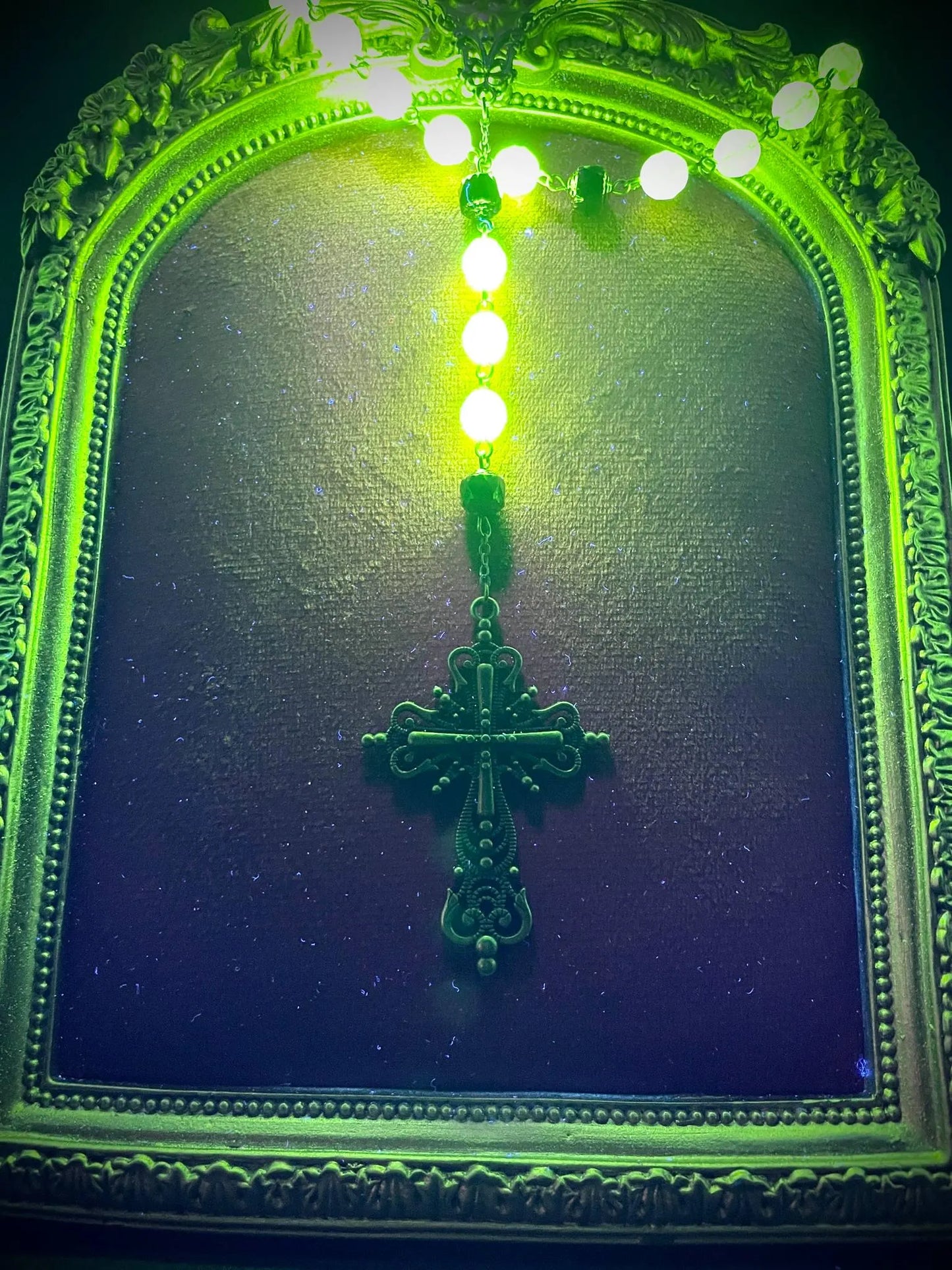 Dark Bronze Gothic Rosary Necklace Made of Uranium Vaseline Glass – 59-Beads Catholic Crucifix Glowing Under UV Light