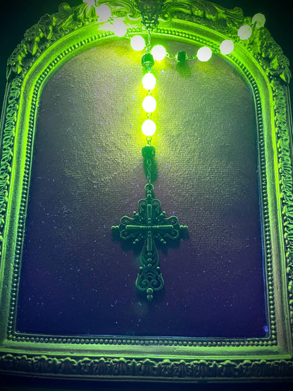Dark Bronze Gothic Rosary Necklace Made of Uranium Vaseline Glass – 59-Beads Catholic Crucifix Glowing Under UV Light