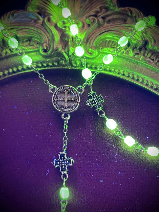 Uranium Glass (Moth) Rosary Necklace | Death's-head Hawk-moth Crafted from Yellow Vaseline Glass | Glows Brightly Under UV Light | 59 Beads with Crucifix