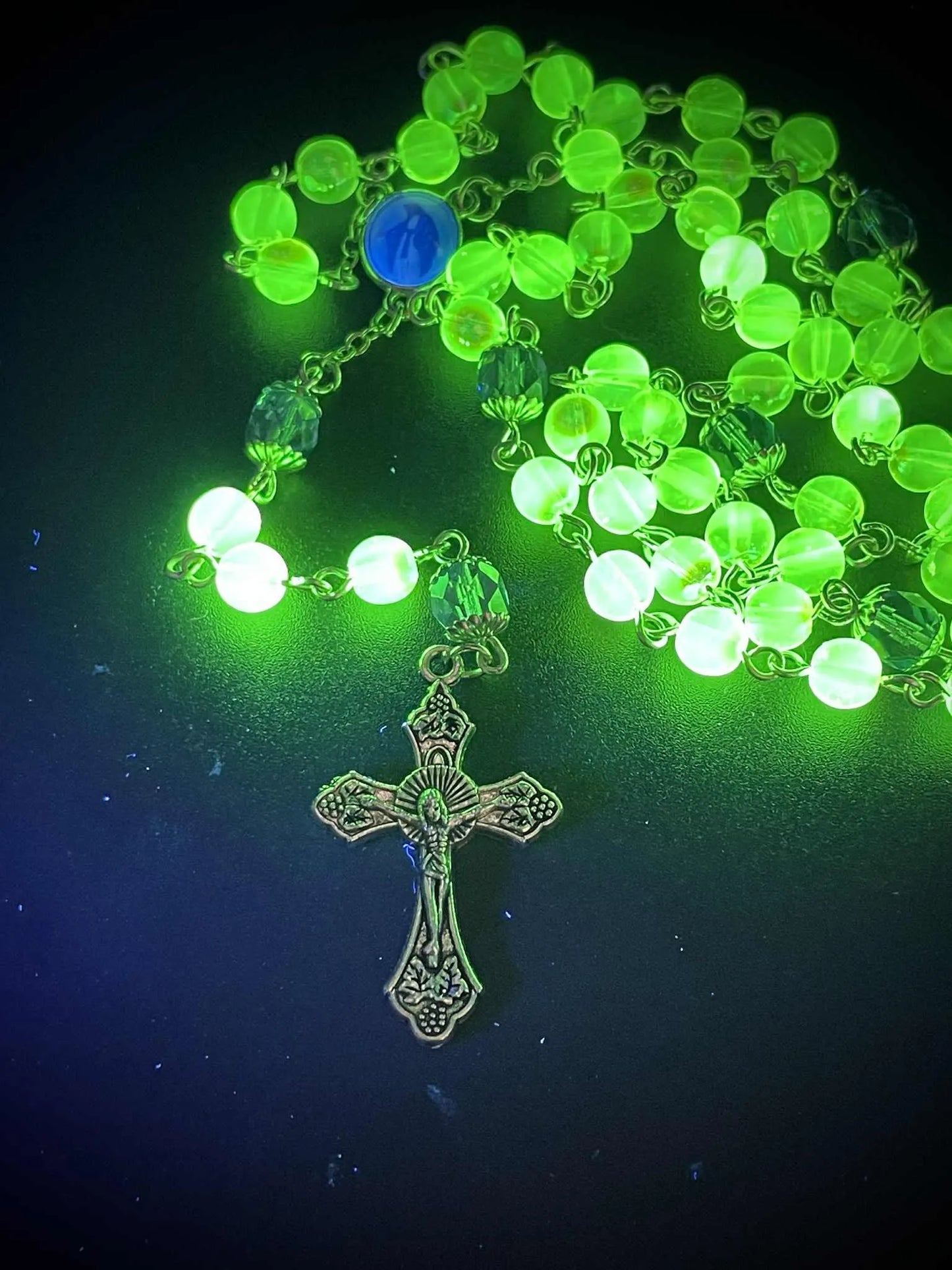 Silver-Blue Uranium Glass Rosary Necklace | Yellow Vaseline Catholic Jewelry | Glows Brightly Under UV Light | Features Saint Mary Centerpiece