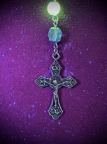 Silver-Blue Uranium Glass Rosary Necklace | Yellow Vaseline Catholic Jewelry | Glows Brightly Under UV Light | Features Saint Mary Centerpiece