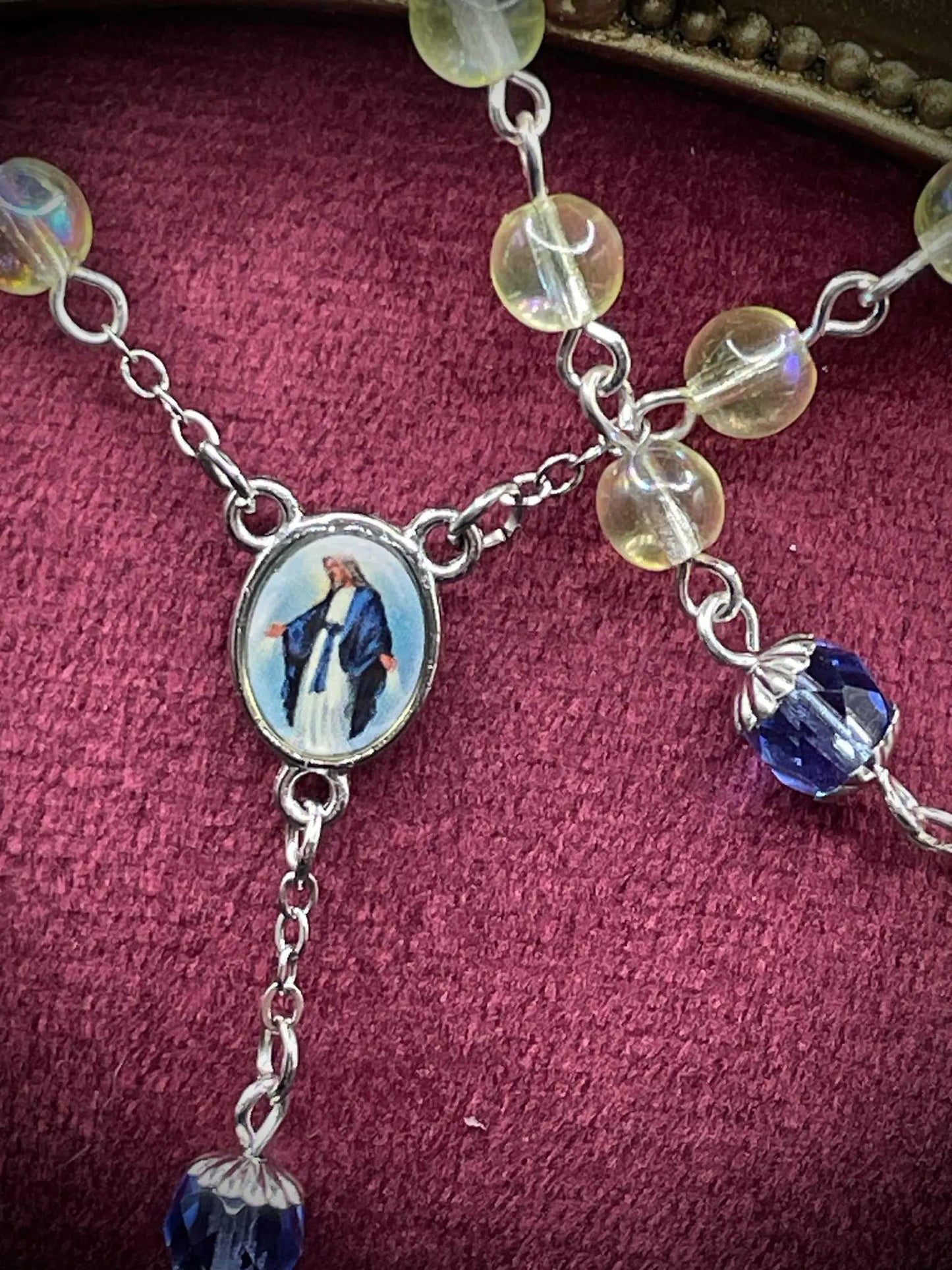 Silver-Blue Uranium Glass Rosary Necklace | Yellow Vaseline Catholic Jewelry | Glows Brightly Under UV Light | Features Saint Mary Centerpiece