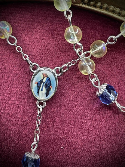 Silver-Blue Uranium Glass Rosary Necklace | Yellow Vaseline Catholic Jewelry | Glows Brightly Under UV Light | Features Saint Mary Centerpiece