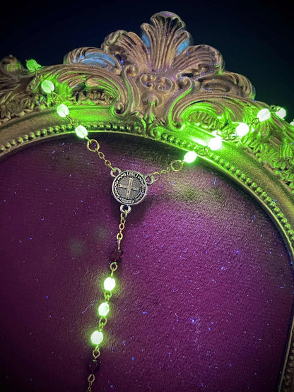Crimson-Red Uranium Glass Gothic Rosary | Dark Witch-Inspired Yellow Vaseline Necklace | Glowing Under UV Light | 6mm Fire-Polished Beads