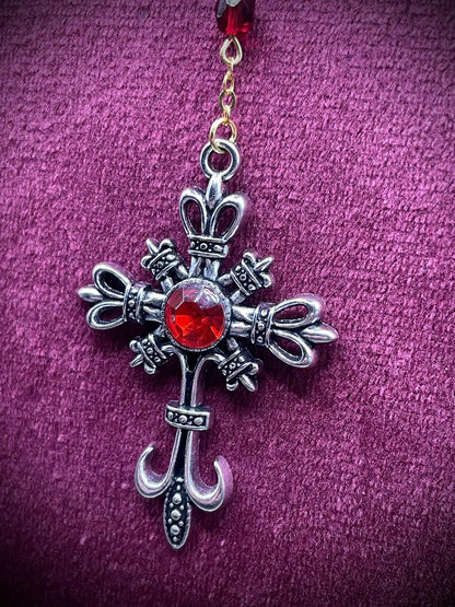 Crimson-Red Uranium Glass Gothic Rosary | Dark Witch-Inspired Yellow Vaseline Necklace | Glowing Under UV Light | 6mm Fire-Polished Beads