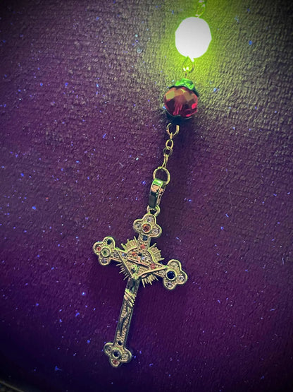 Golden Red Uranium Glass Beaded Rosary | Vibrant Yellow Vaseline Crucifix Necklace | UV Reactive Glow | Diamond Holy Mother Centerpiece