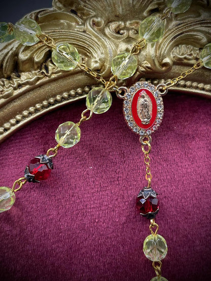 Golden Red Uranium Glass Beaded Rosary | Vibrant Yellow Vaseline Crucifix Necklace | UV Reactive Glow | Diamond Holy Mother Centerpiece
