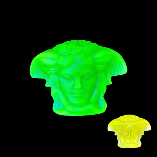 Mini Uranium Glass Medusa Head by Versace | Small Rosenthal Art Sculpture | Glows Neon Green Under UV Light | Vaseline Deco Glass Collectible