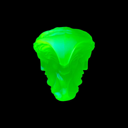 Mini Uranium Glass Medusa Head by Versace | Small Rosenthal Art Sculpture | Glows Neon Green Under UV Light | Vaseline Deco Glass Collectible