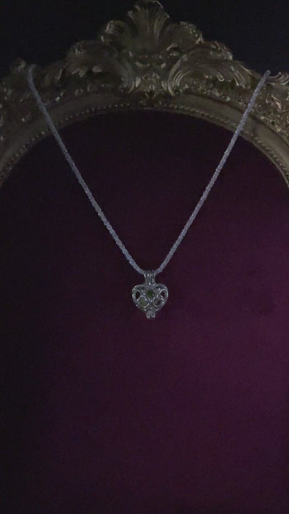Silver Heart-shape Locket From Uranium Glass | Green UV Glowing Vaseline Glass Stone Inside The Pendant | Strong Silver Braided Chain